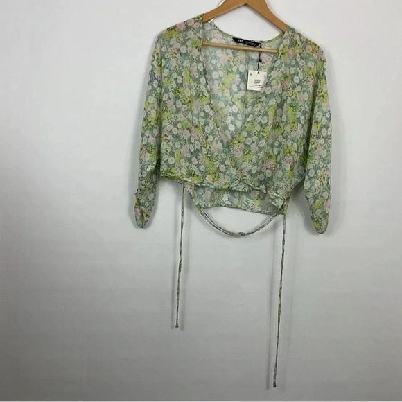 Zara Floral Print Sheer Wrap Blouse Size Small‎ - Picture 1 of 7